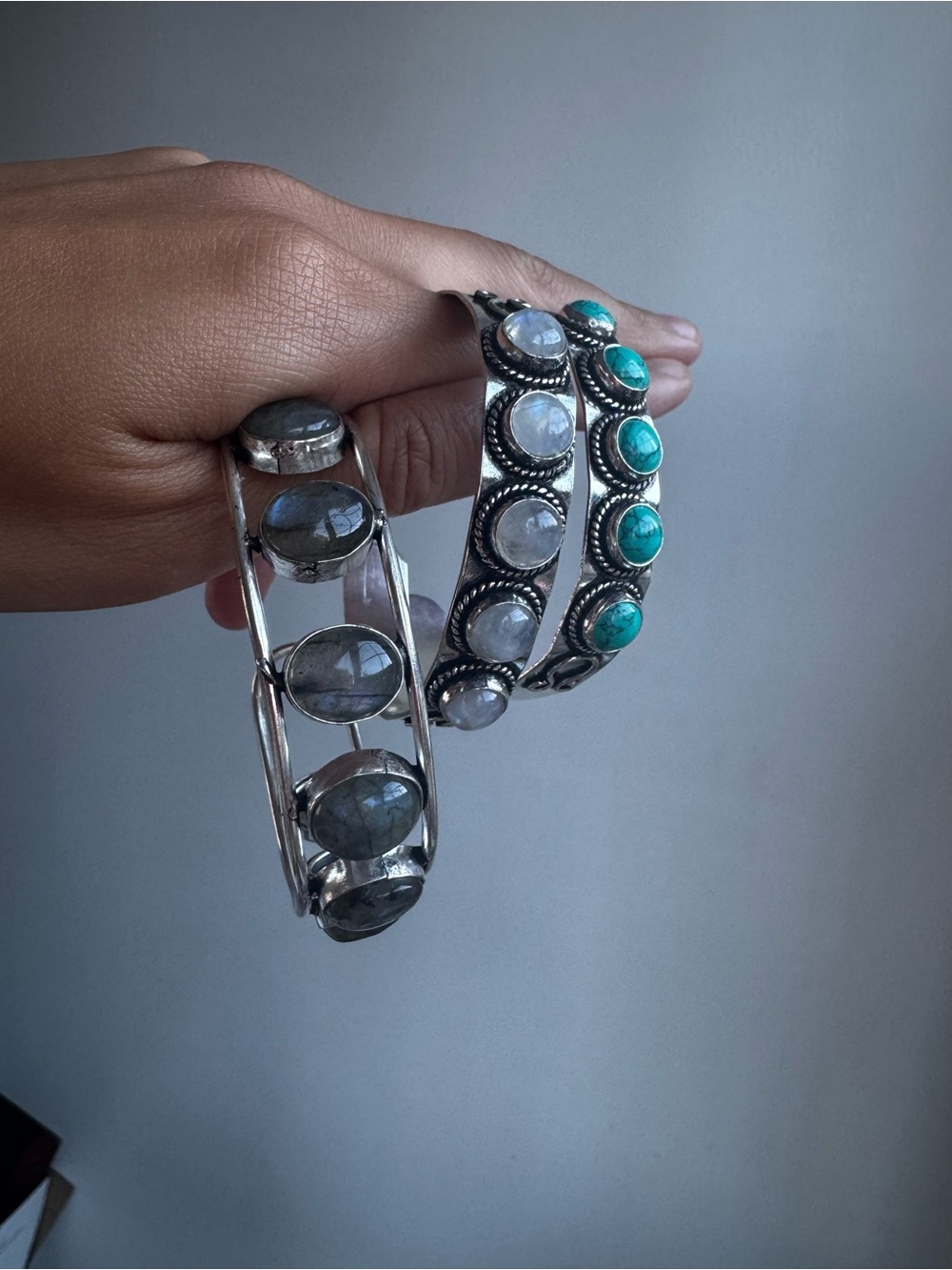 Natural Sapphire, Turquoise and Moonstone Cuff Bracelets